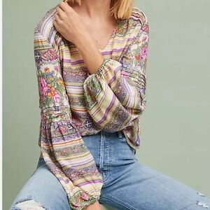 Anthropologie Maeve Ceresco Floral Puff Sleeve Peasant Top V-Neck Size XS Used